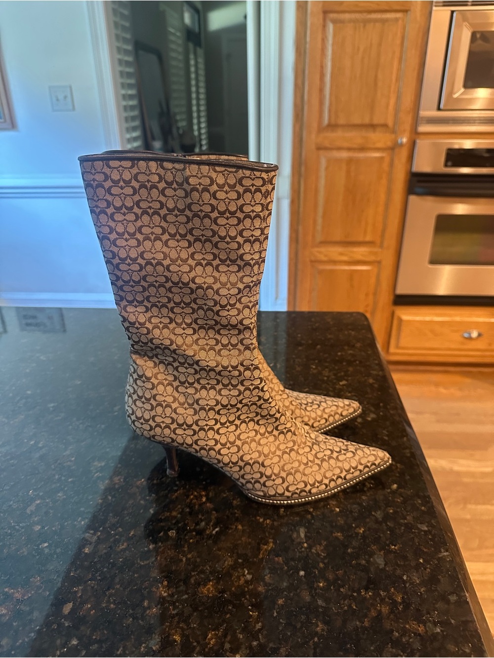 Coach Signature Logo Pointed Toe Mid-Calf Boots in Tan/Brown - Picture 2 of 9